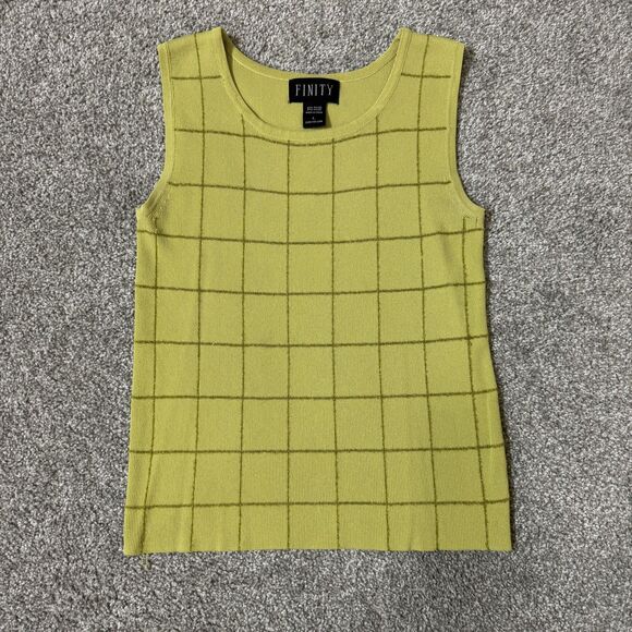 Finity Sweater Womens Large Green Grid Knit Tank Glitter Librariancore Stretch - Picture 1 of 7